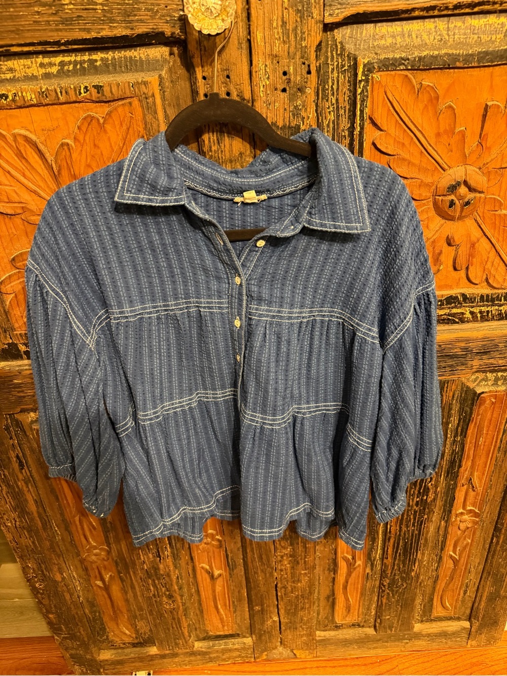 Pilcro Indigo Blue Textured Striped Button-Down Top